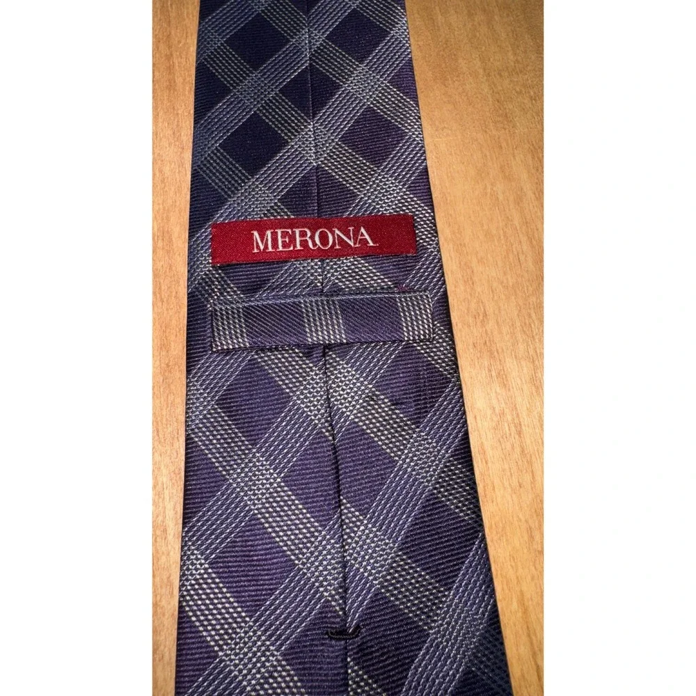 Merona Mens Purple Gray Plaid 100% Silk Classic Necktie Business‎ Formal Tie